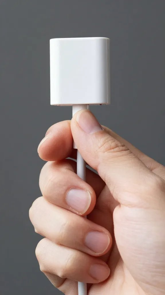 closeup of a single hand gripping a phone charger cable