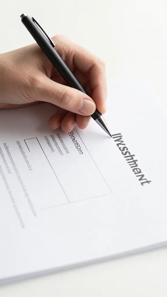 Tight portrait of a hand holding a pen over a minimalist investment plan page