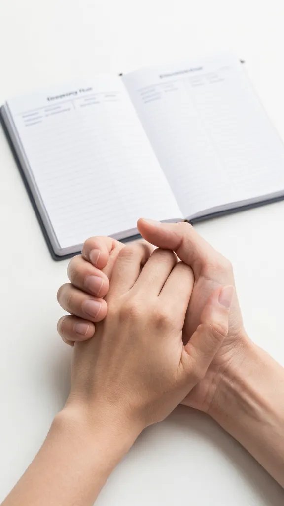 Closeup of a couple’s hands clasped with a visible emergency plan notebook