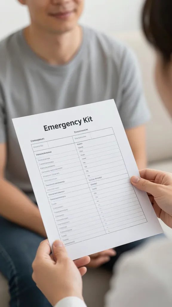 Closeup of a calm partner holding a printed emergency kit checklist