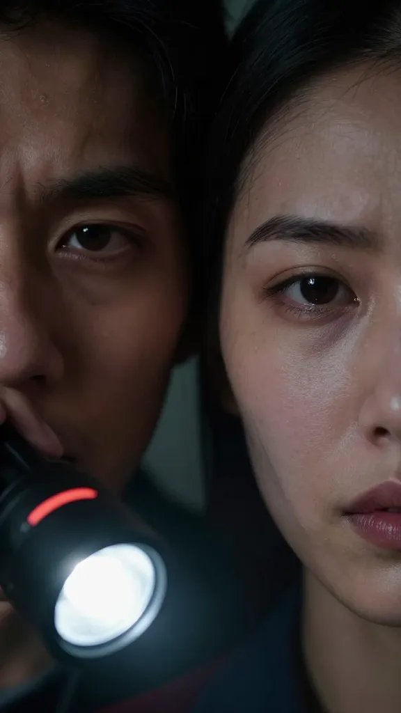 Closeup of a stressed partner’s eyes with a single lit emergency flashlight in frame