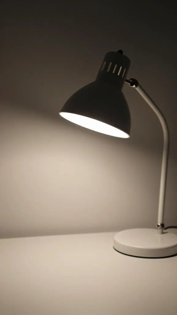 Closeup of a single desk lamp casting soft light over a lone workspace
