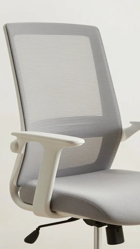 Closeup of a single minimalist desk chair with a neutral ergonomic design