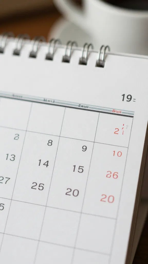 Closeup of a single calendar page on a desk, with subtle coffee ring blur in background