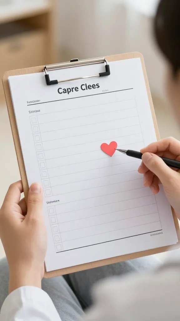 Closeup of hands holding a caregiver’s checklist with a heart-shaped bookmark