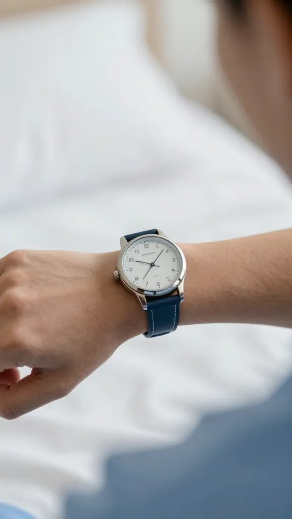 Closeup of a bedside caregiver’s wristwatch showing early morning time