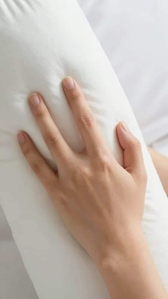Closeup of a partner’s hands gripping a support pillow, soft lighting