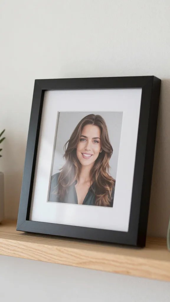 Focused shot of one framed photo on a wall shelf