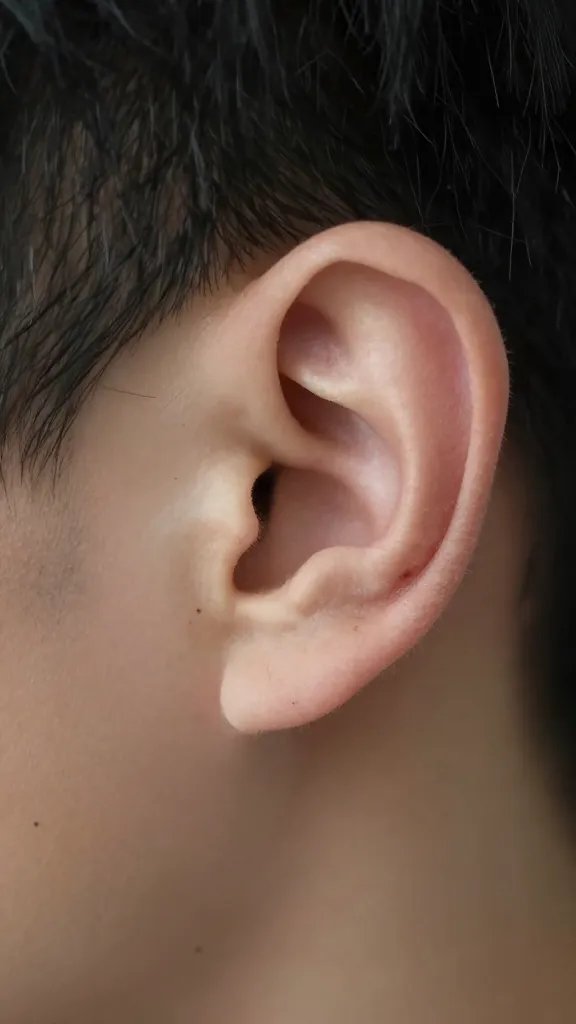 Closeup of a listening ear with subtle concern, soft lighting