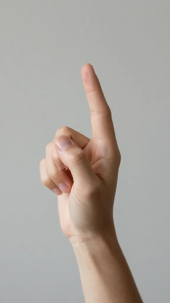 Closeup of a hand pausing mid-gesture, neutral background