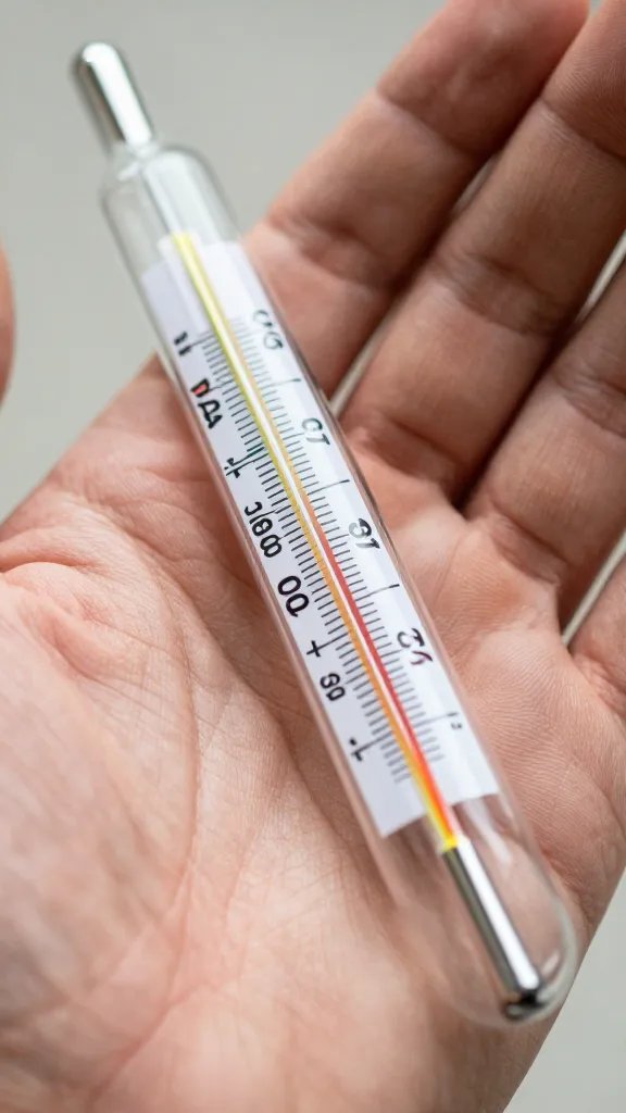 Closeup of a mercury thermometer in a man's hand at 72°F