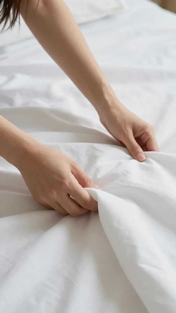 Closeup of a woman adjusting bed sheets at 65–68°F