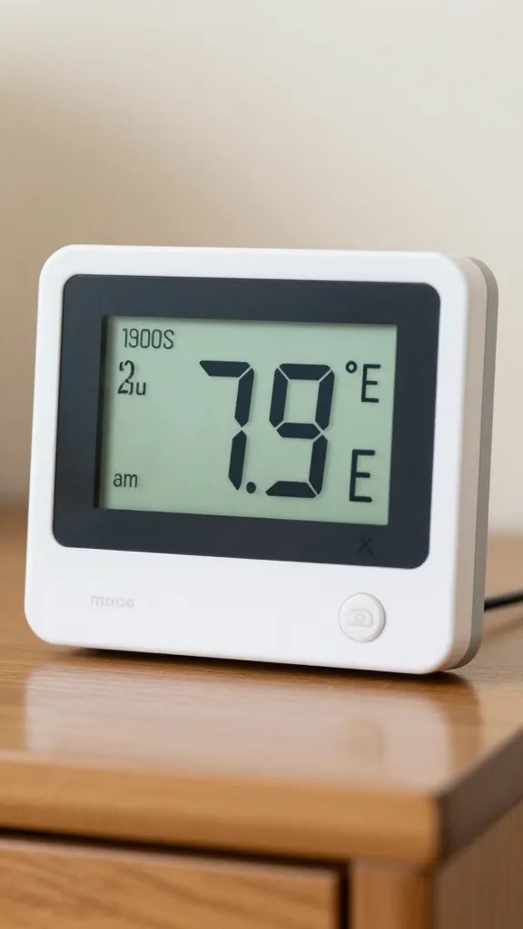 Closeup of a digital thermostat displaying 75°F on a nightstand