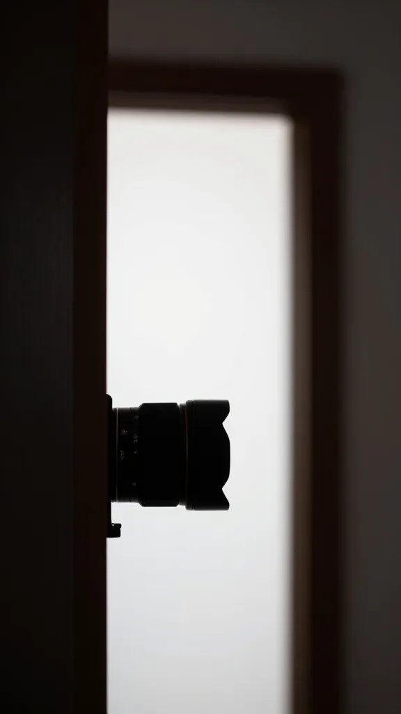 Focused shot of a modern indoor camera lens on a doorway silhouette