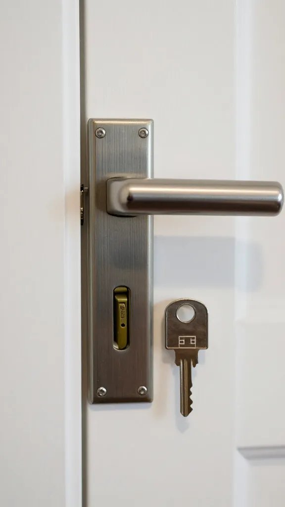 Closeup of a quiet door relock mechanism with a small house key nearby