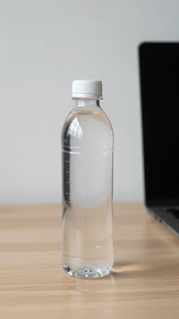 closeup of a single water bottle beside a quiet study desk