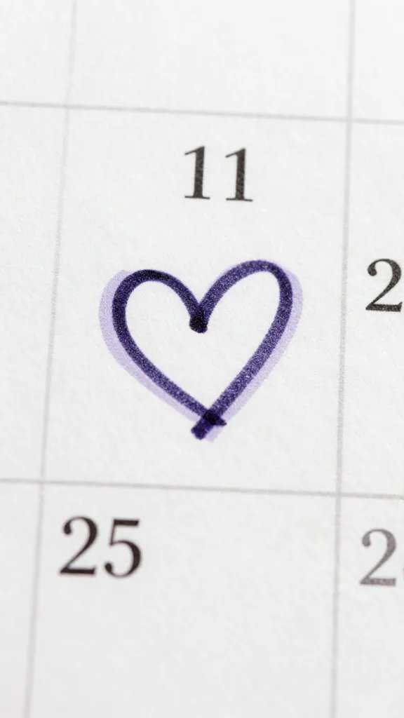 Closeup of a single calendar page with a highlighted date and a heart doodle