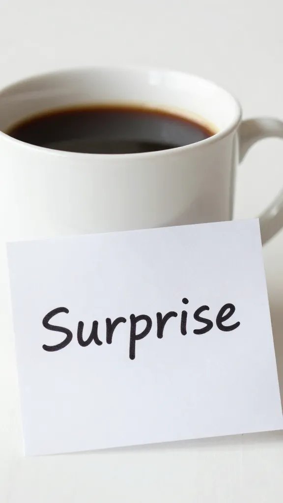Closeup of a single coffee cup with a folded note reading “Surprise” beside it