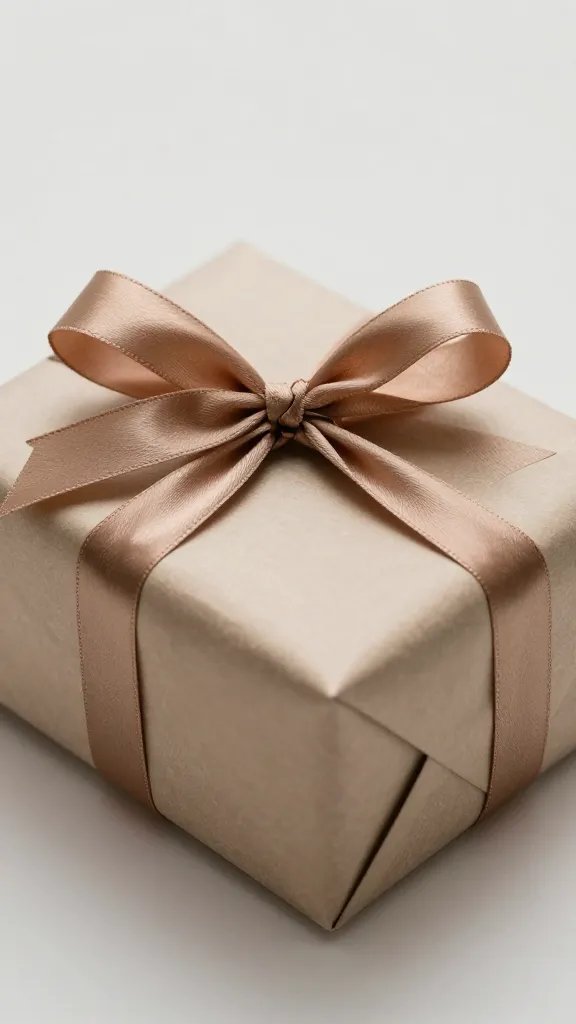 Closeup of a single wrapped gift with a bow, on a plain backdrop