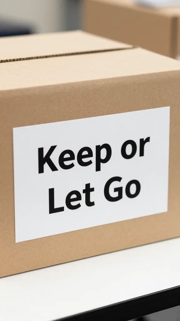 Closeup of a single donation box label “Keep or Let Go” on a table