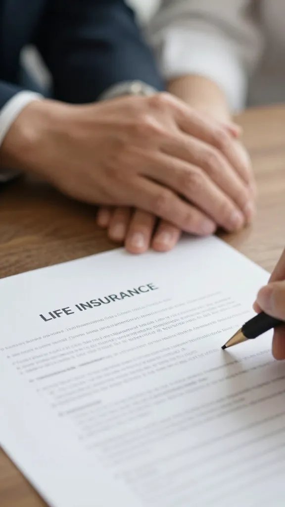 Closeup of a couple’s hands over a life insurance document, soft lighting