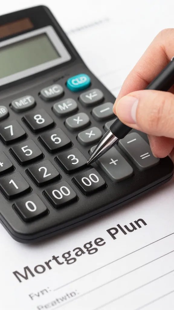 Closeup of a calculator and pen poised over a mortgage plan, single hand only