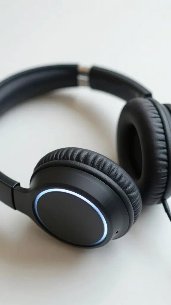 closeup of a couple’s headphones resting on a desk, one ear cup glowing