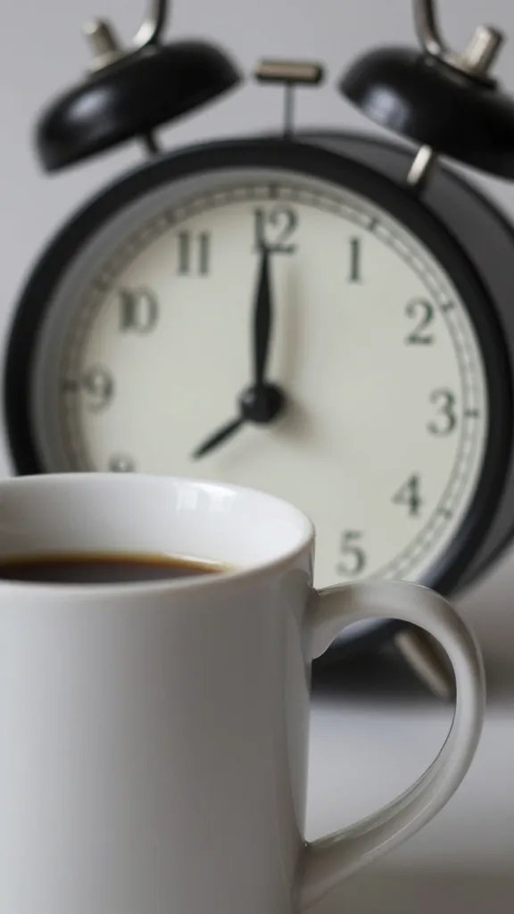 closeup of a coffee mug with a muted morning alarm clock in soft focus