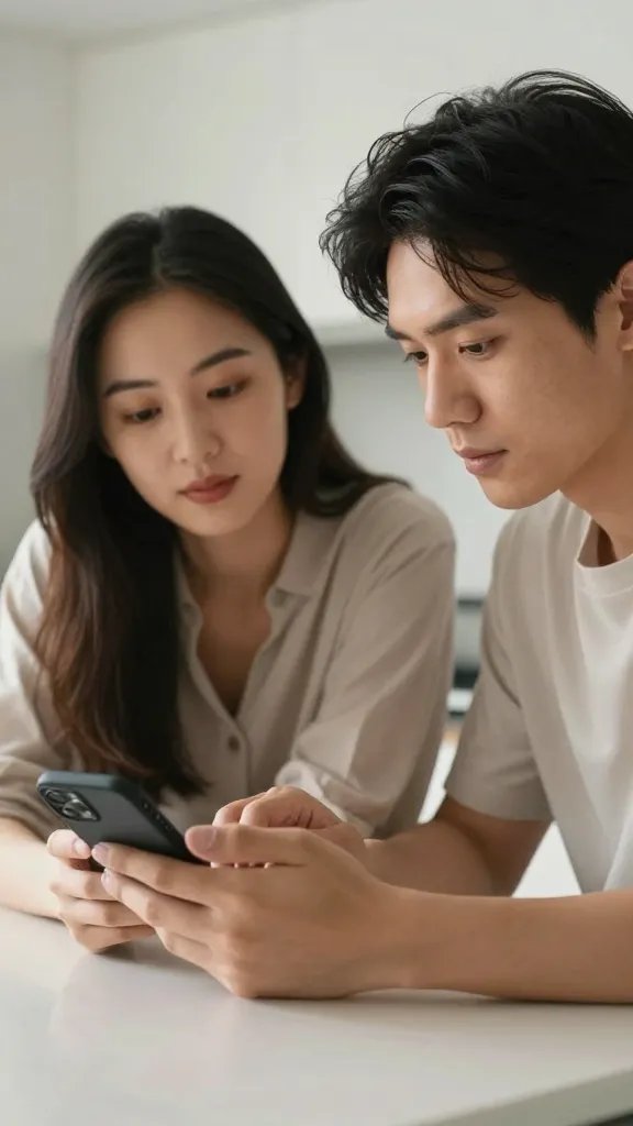 Focused portrait of a calm couple discussing location sharing at a kitchen countertop
