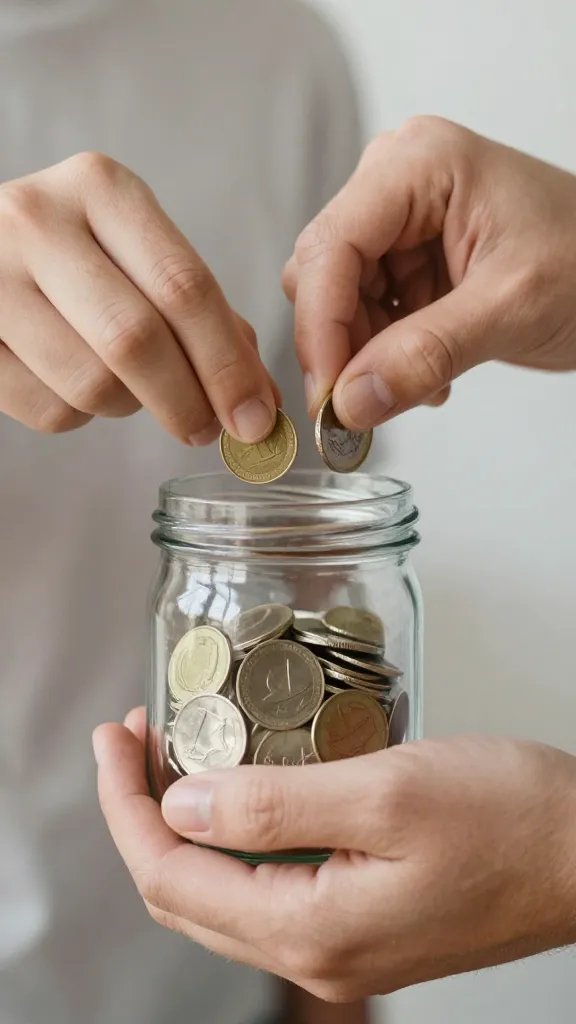 Closeup of a couple’s hands placing coins into a small emergency fund jar