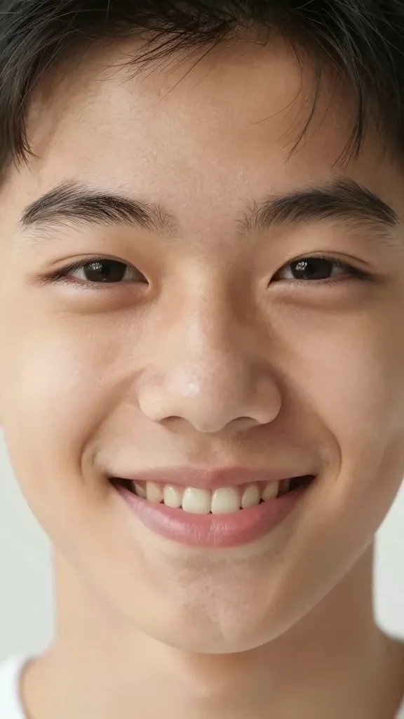 closeup of a teen's face mid-smile, eyes focused, warm natural lighting