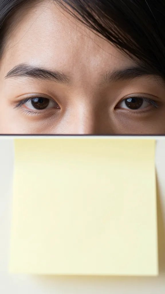 Closeup of a person’s thoughtful eyes over a shared notepad reminder
