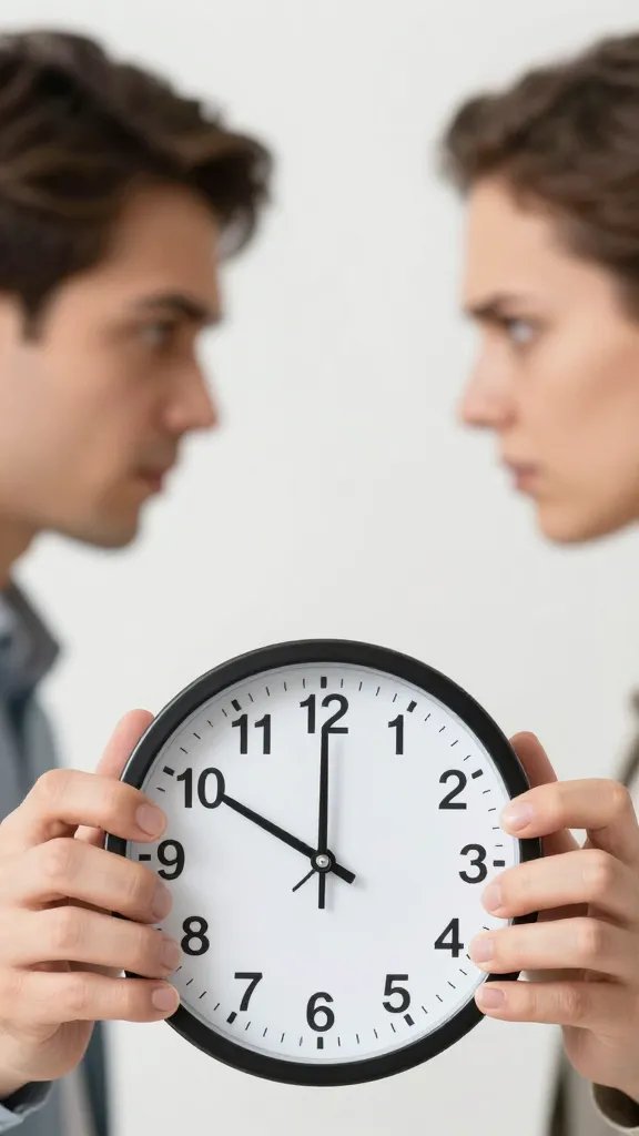 Closeup of a couple arguing hands with a clock in focus, blurred faces