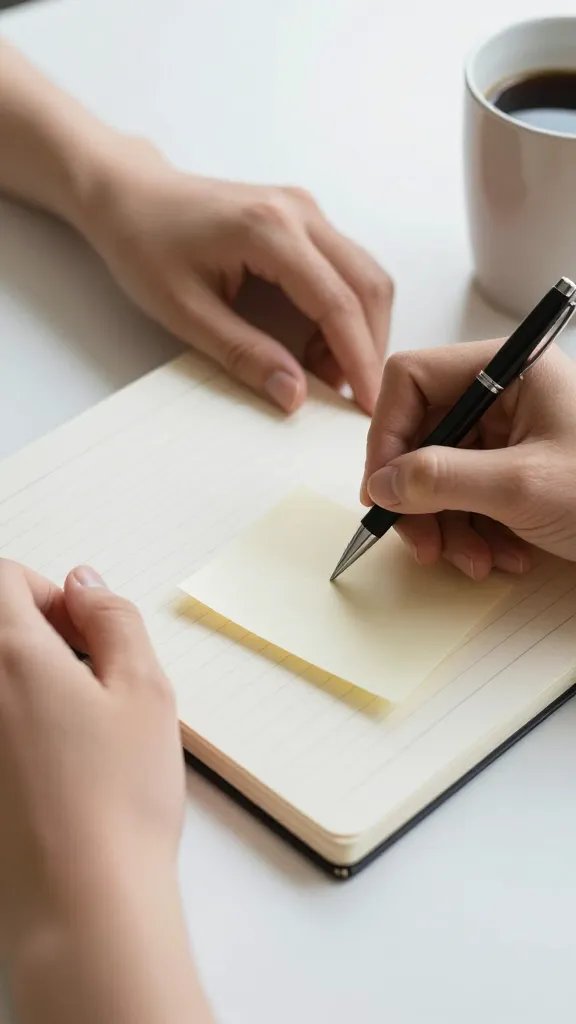 Closeup of two hands resting on a table with a notepad, pen, and coffee