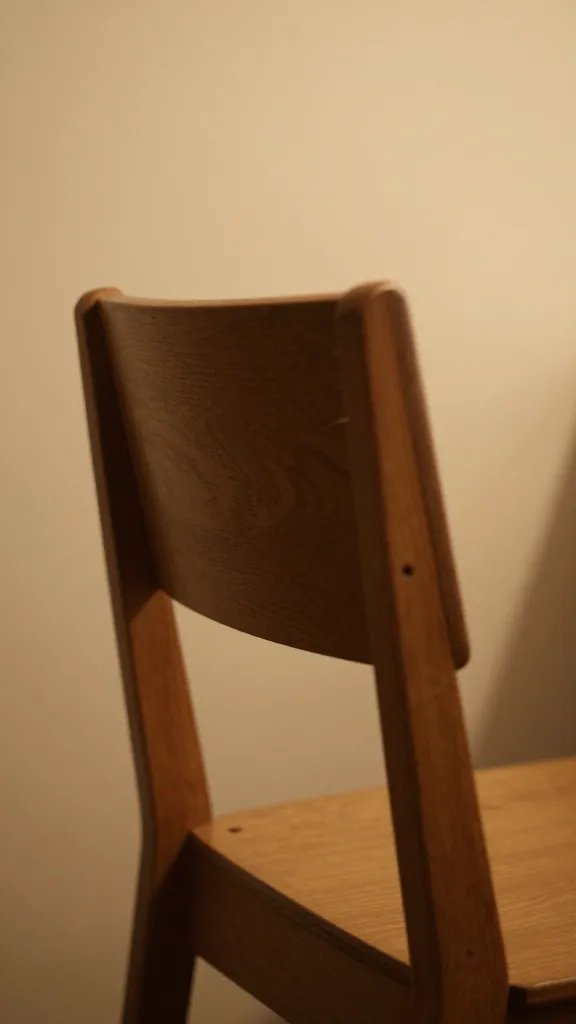 Closeup of a single chair facing away, warm lighting, soft shadows