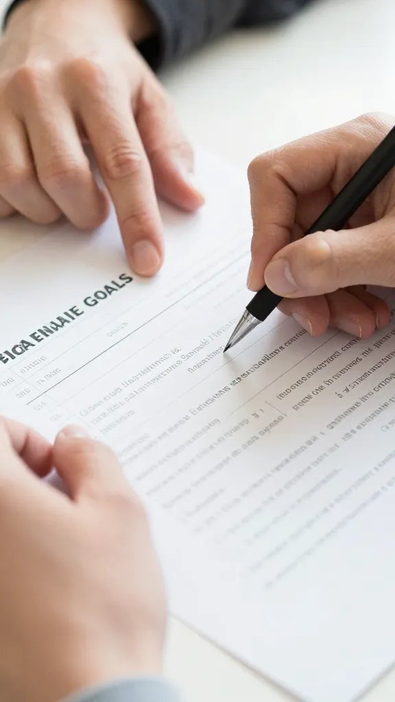closeup of two people’s hands over a shared financial goals page