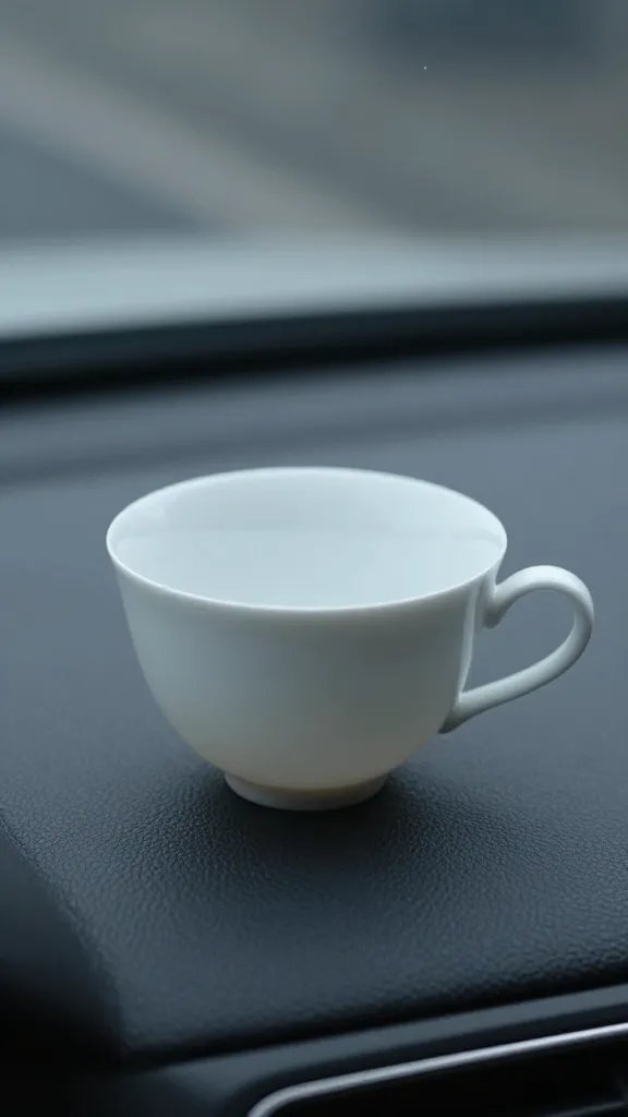 Closeup of a single teacup on a quiet car dashboard during a drive