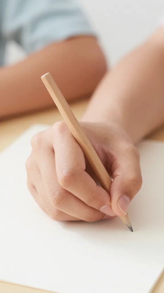 Closeup of a calm, supportive adult hand guiding a child’s writing