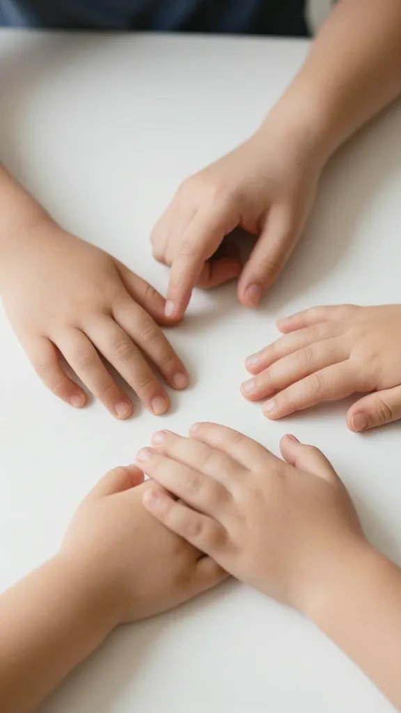 Closeup of a adult's hands reaching toward a child’s hands across a table