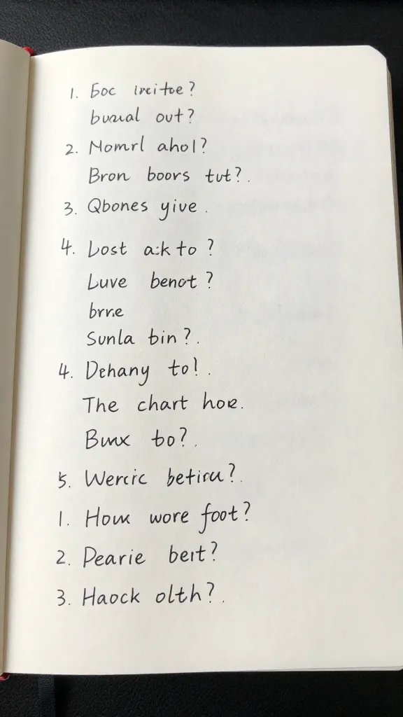 Closeup of a solitary notebook with handwritten questions on a desk