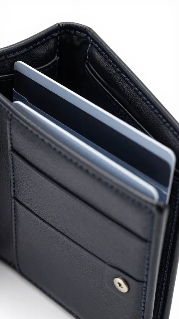 Closeup of a single open wallet showcasing a single bank card
