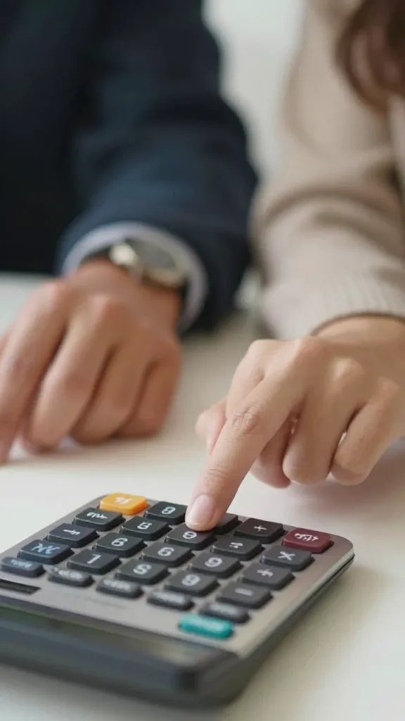 Closeup of a couple’s hands, one hand hovering over a calculator (single subject focus on the hands)
