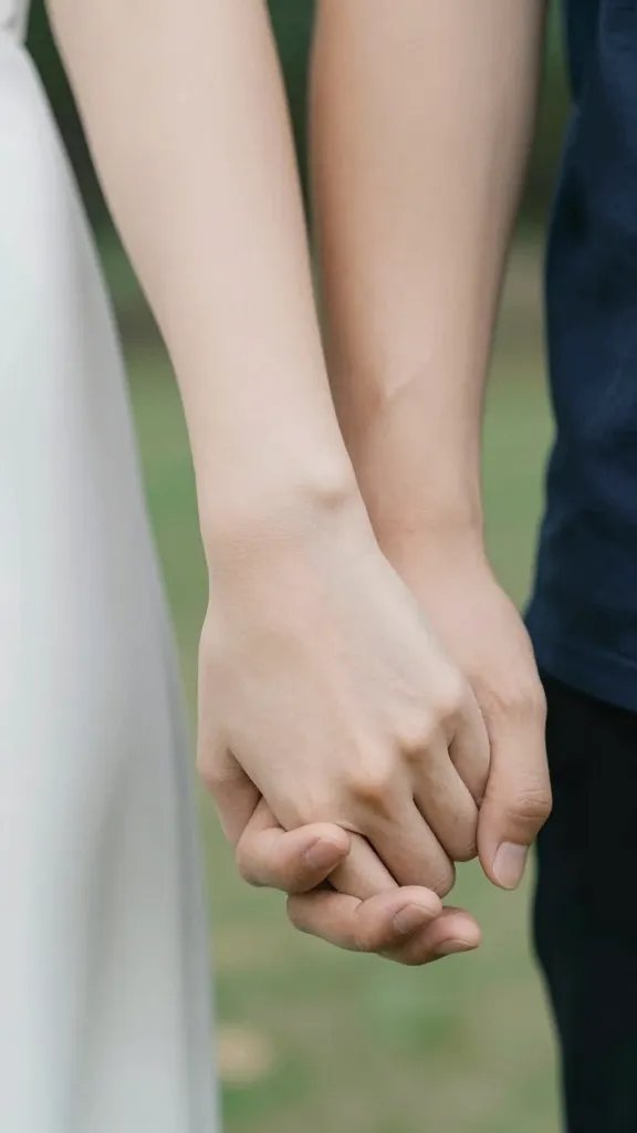 Closeup of a couple holding hands, focus on intertwined fingers