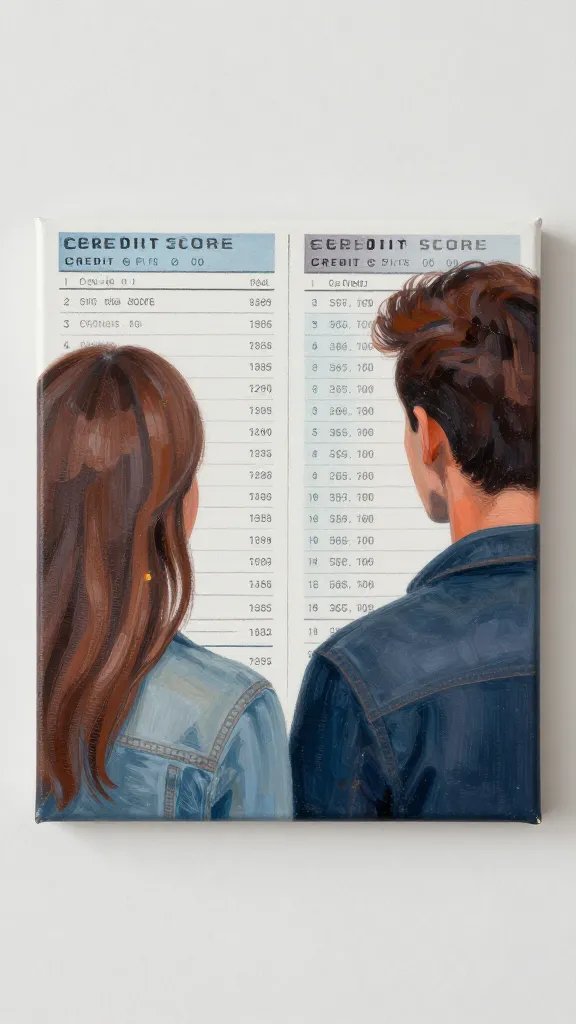 Closeup of a couple's joined credit score artwork on a wall canvas