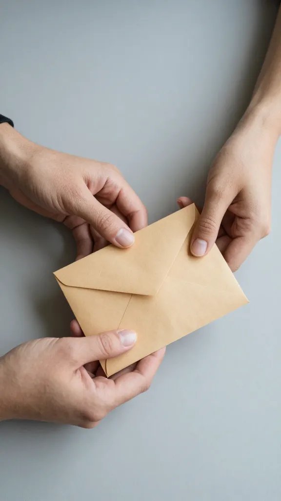 closeup of a couple's hands softly holding a single envelope on a quiet table