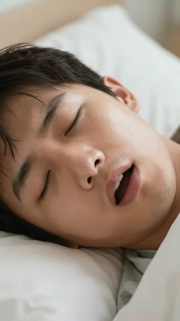 closeup of a snoring person sleeping in bed, focus on face with mouth slightly open