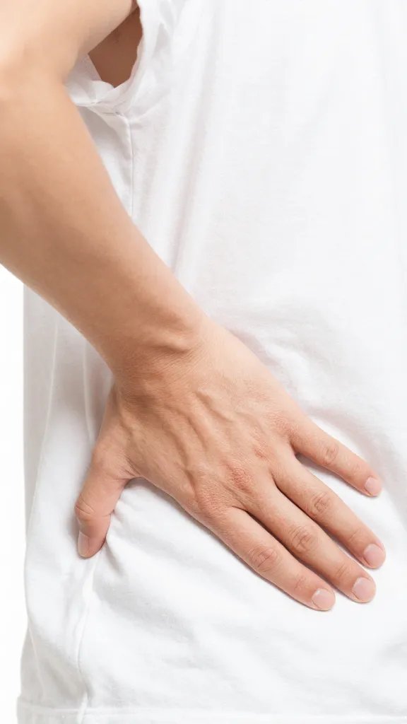 Closeup of a person resting hand on lower back, subtle expression of relief