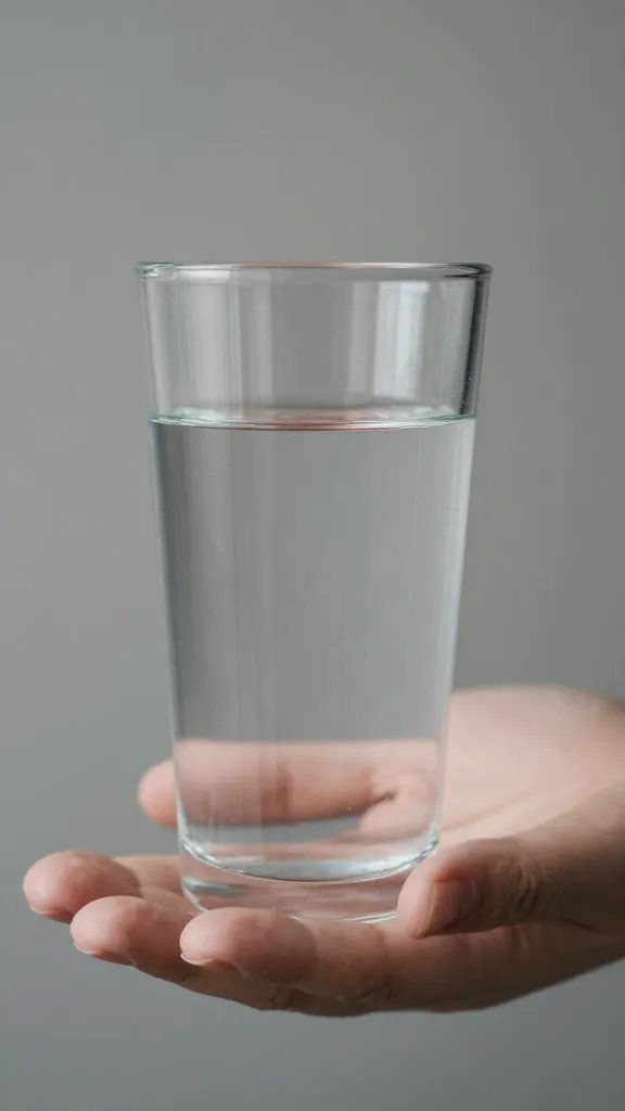 Closeup of a cupped hand offering a glass of water, soft lighting