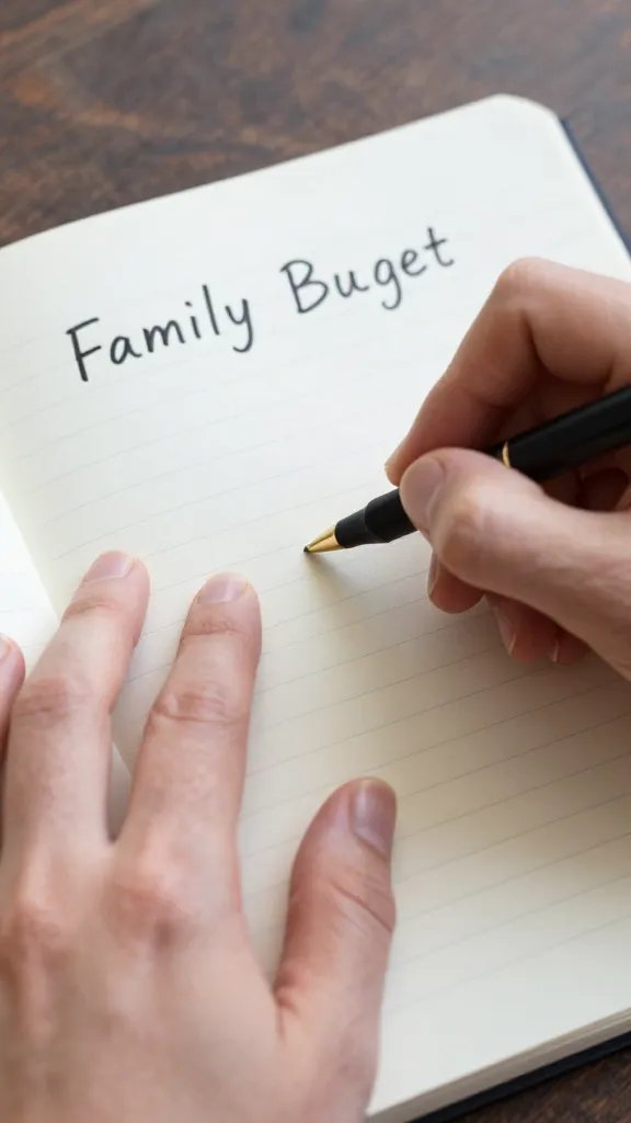 Closeup of a single adult hand outlining a family budget on a notebook