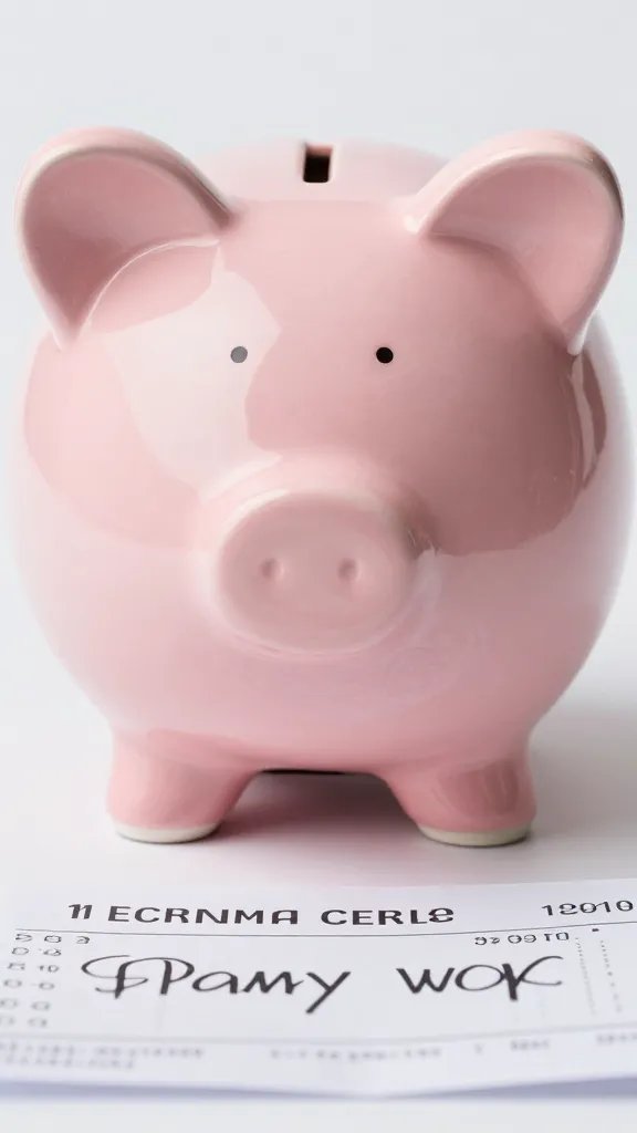Closeup of a single piggy bank with family receipts in foreground
